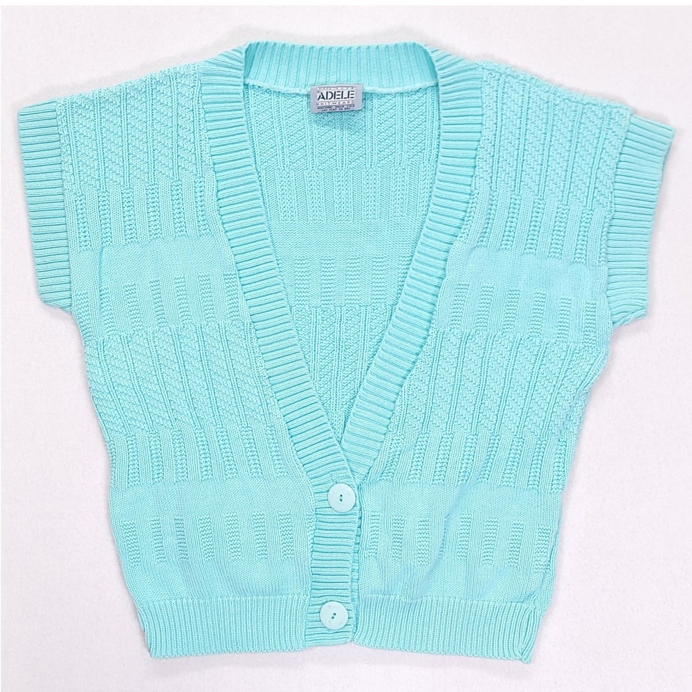 Vintage Adele Knitwear Turquoise Aqua Blue Cotton Button Front Sweater Vest USA